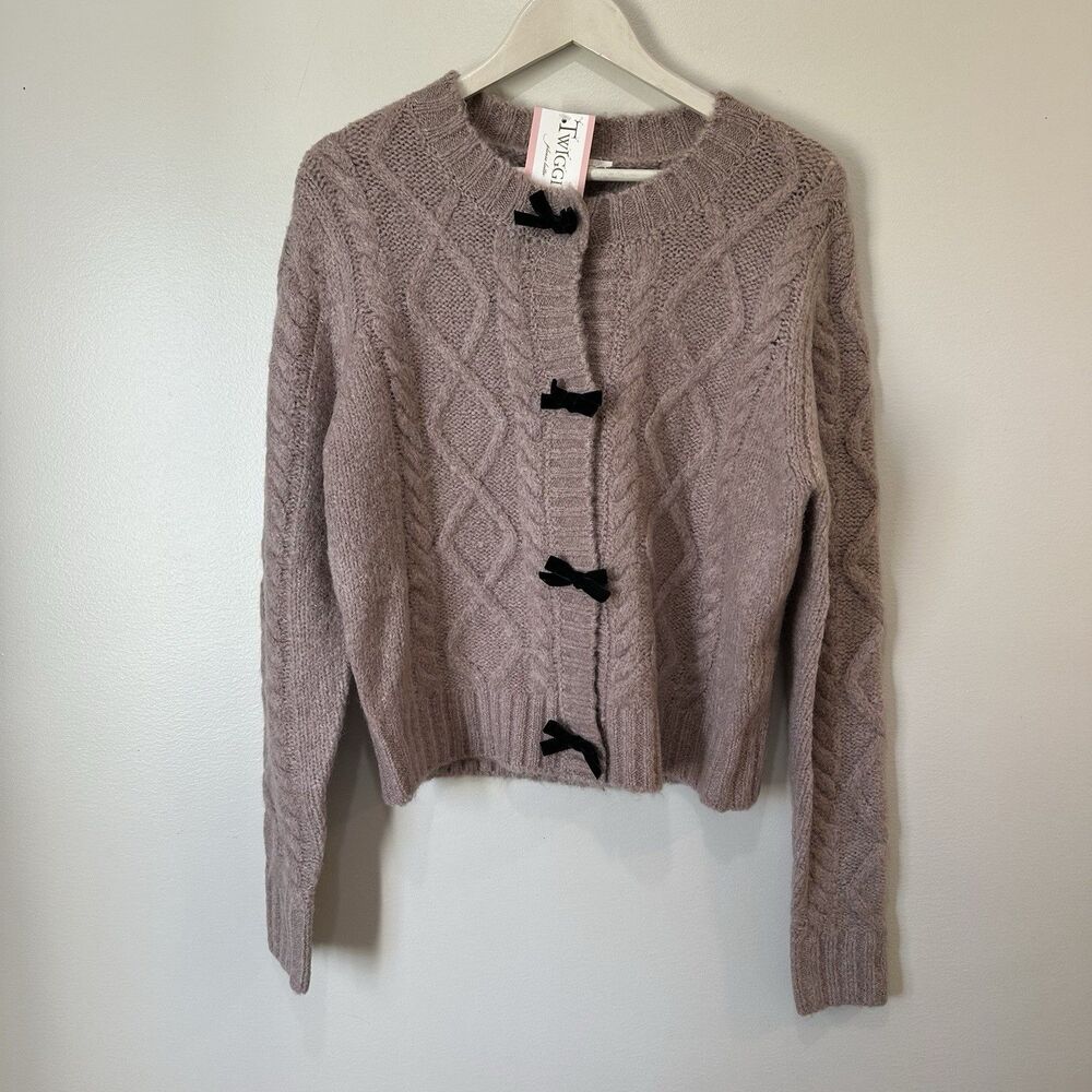 In Loom Wool Cable Knit Cardigan Velvet Accent Bow Snap Button Womens Sz. Small